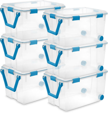 80 Qt Gasket Box, Stackable Storage Bin with Latching Lid and Tight Seal, Plastic Container to Organize Basement, Clear Base and Lid