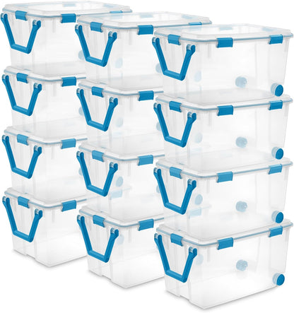 80 Qt Gasket Box, Stackable Storage Bin with Latching Lid and Tight Seal, Plastic Container to Organize Basement, Clear Base and Lid