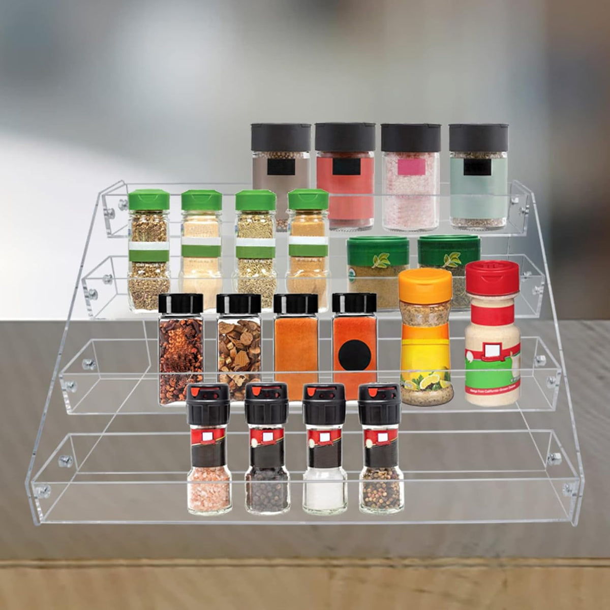 Widen Tiered Spice Rack, Seasoning Organizer, Clear Acrylic Vertical Shelves Can Organizer for Countertop, Cabinet, Pantry, Kitchen Organization and Storage - 4 Tier