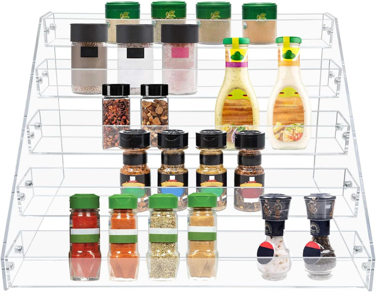Widen Tiered Spice Rack, Seasoning Organizer, Clear Acrylic Vertical Shelves Can Organizer for Countertop, Cabinet, Pantry, Kitchen Organization and Storage - 4 Tier