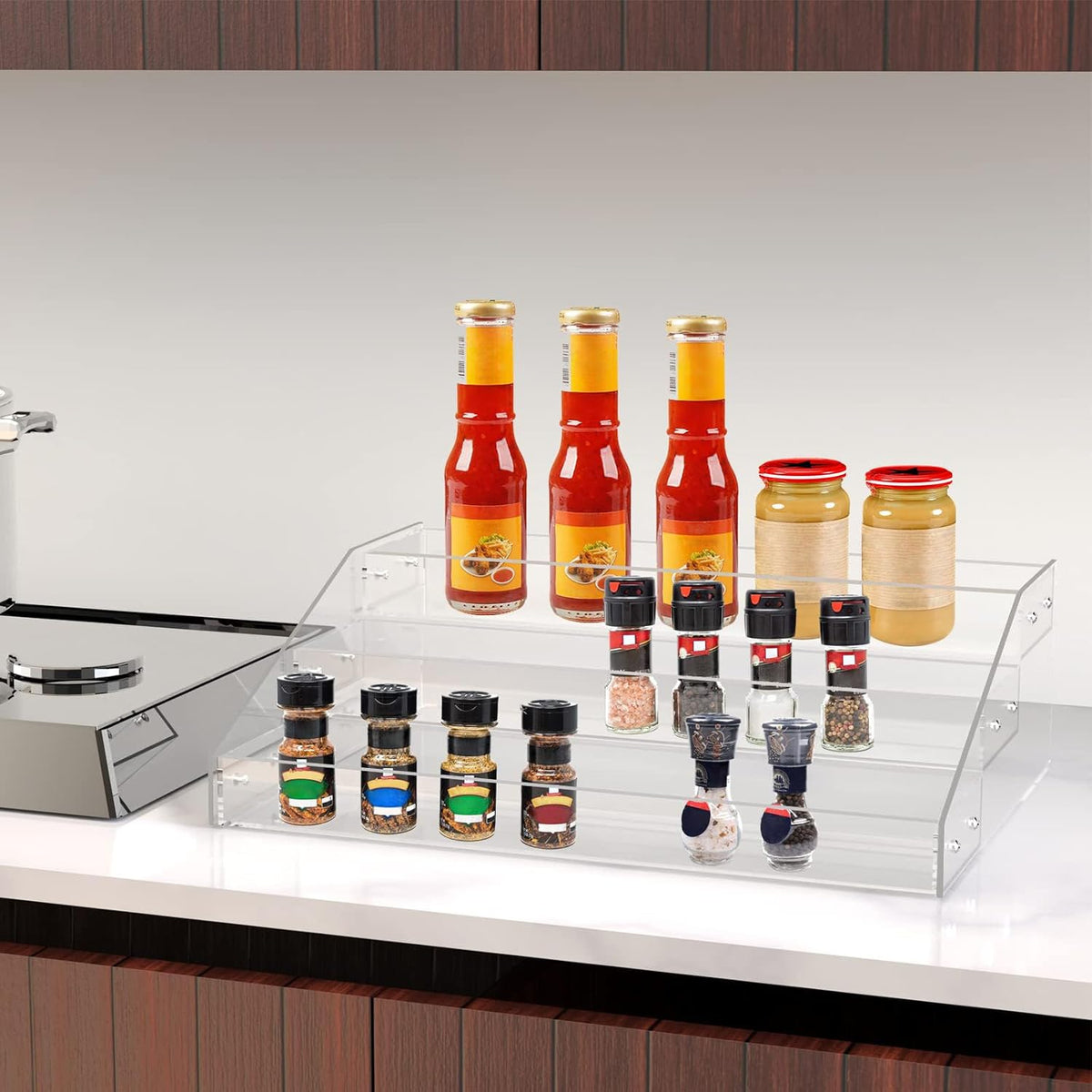 Widen Tiered Spice Rack, Seasoning Organizer, Clear Acrylic Vertical Shelves Can Organizer for Countertop, Cabinet, Pantry, Kitchen Organization and Storage - 4 Tier