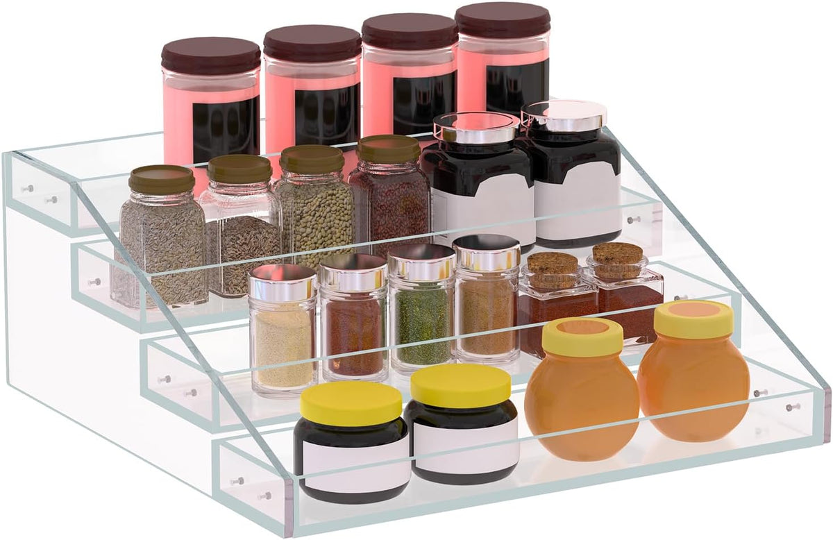 Widen Tiered Spice Rack, Seasoning Organizer, Clear Acrylic Vertical Shelves Can Organizer for Countertop, Cabinet, Pantry, Kitchen Organization and Storage - 4 Tier