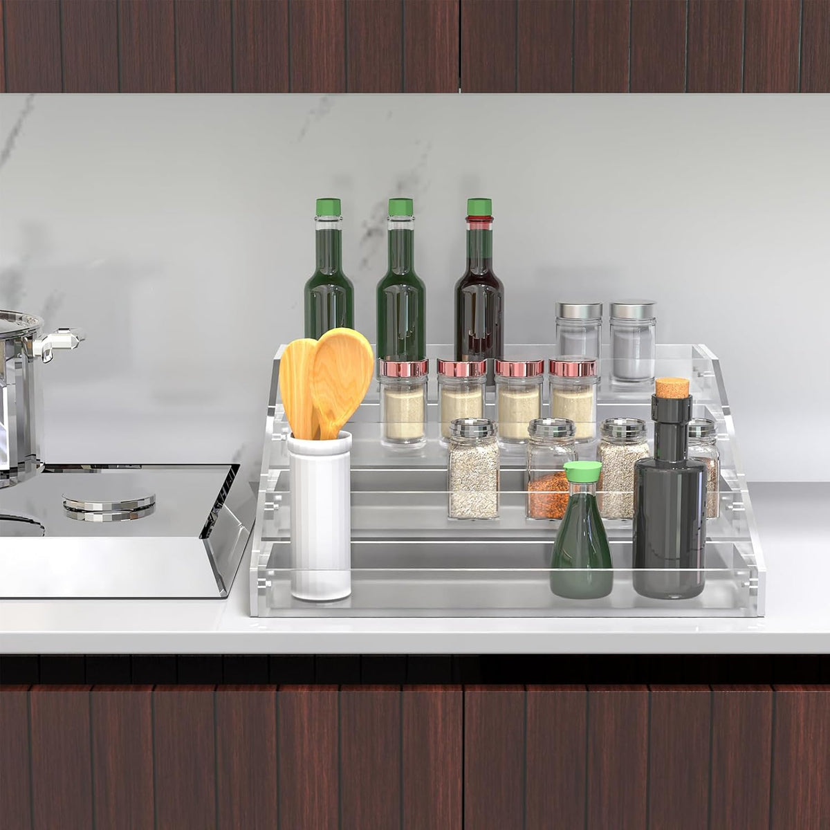Widen Tiered Spice Rack, Seasoning Organizer, Clear Acrylic Vertical Shelves Can Organizer for Countertop, Cabinet, Pantry, Kitchen Organization and Storage - 4 Tier