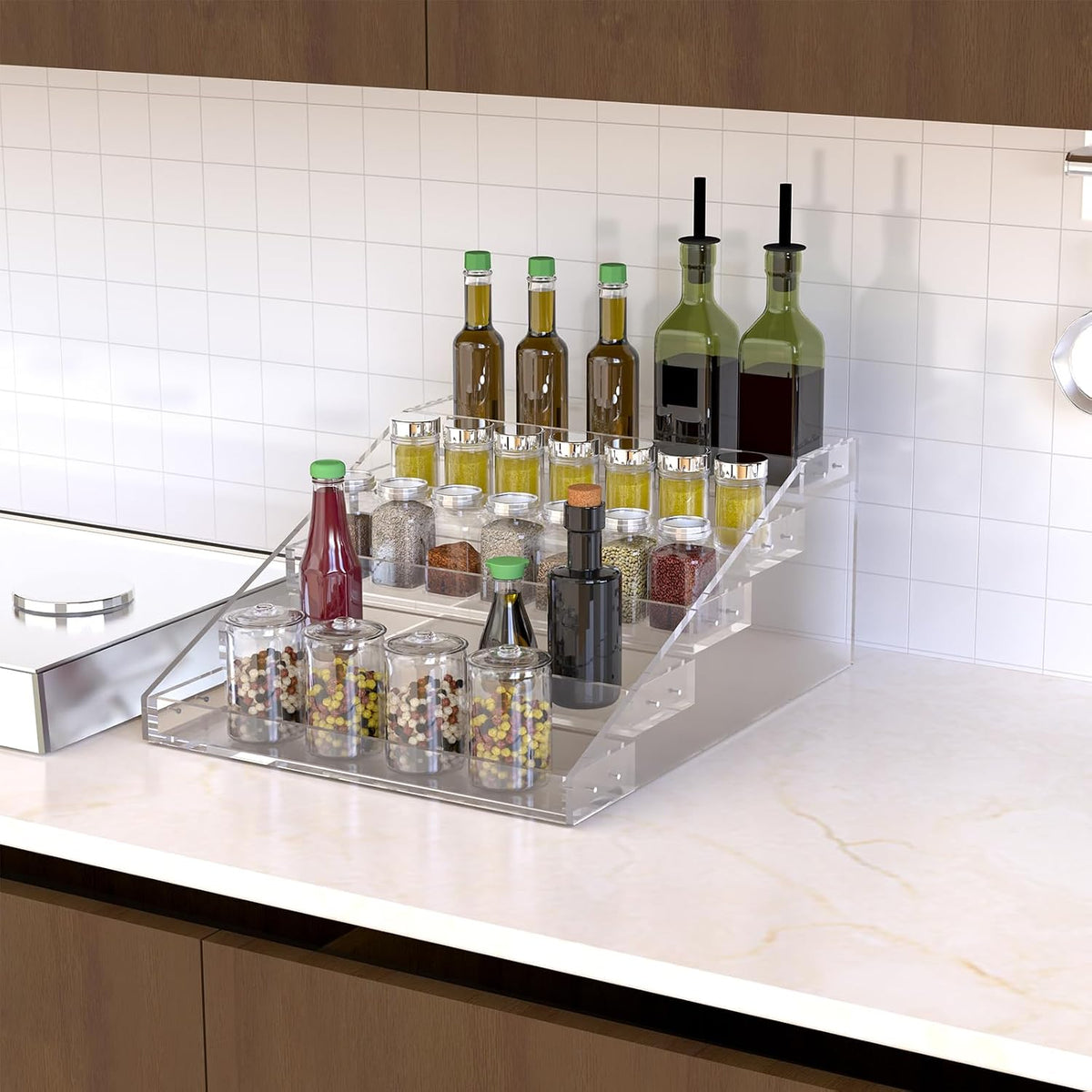 Widen Tiered Spice Rack, Seasoning Organizer, Clear Acrylic Vertical Shelves Can Organizer for Countertop, Cabinet, Pantry, Kitchen Organization and Storage - 4 Tier