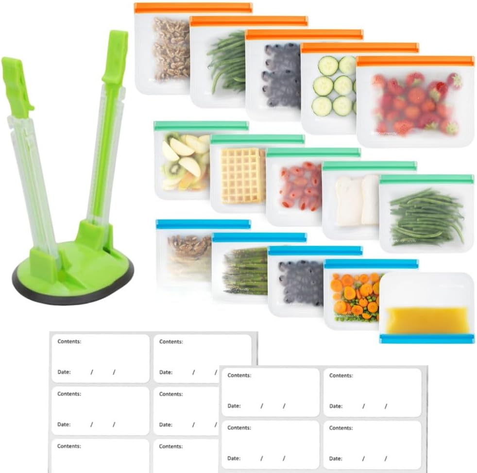 ® Meal Prep Storage Kit – 15 Reusable, Degradable Leakproof Freezer Bags, Baggy Rack & 20 Strong Labels | BPA-Free, Multipurpose Food Storage Solution