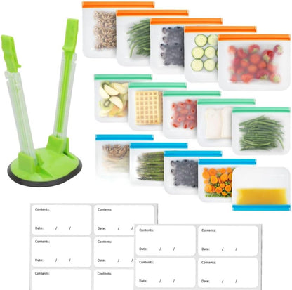 ® Meal Prep Storage Kit – 15 Reusable, Degradable Leakproof Freezer Bags, Baggy Rack & 20 Strong Labels | BPA-Free, Multipurpose Food Storage Solution