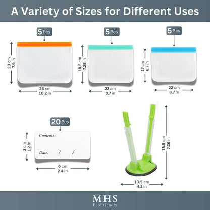 ® Meal Prep Storage Kit – 15 Reusable, Degradable Leakproof Freezer Bags, Baggy Rack & 20 Strong Labels | BPA-Free, Multipurpose Food Storage Solution