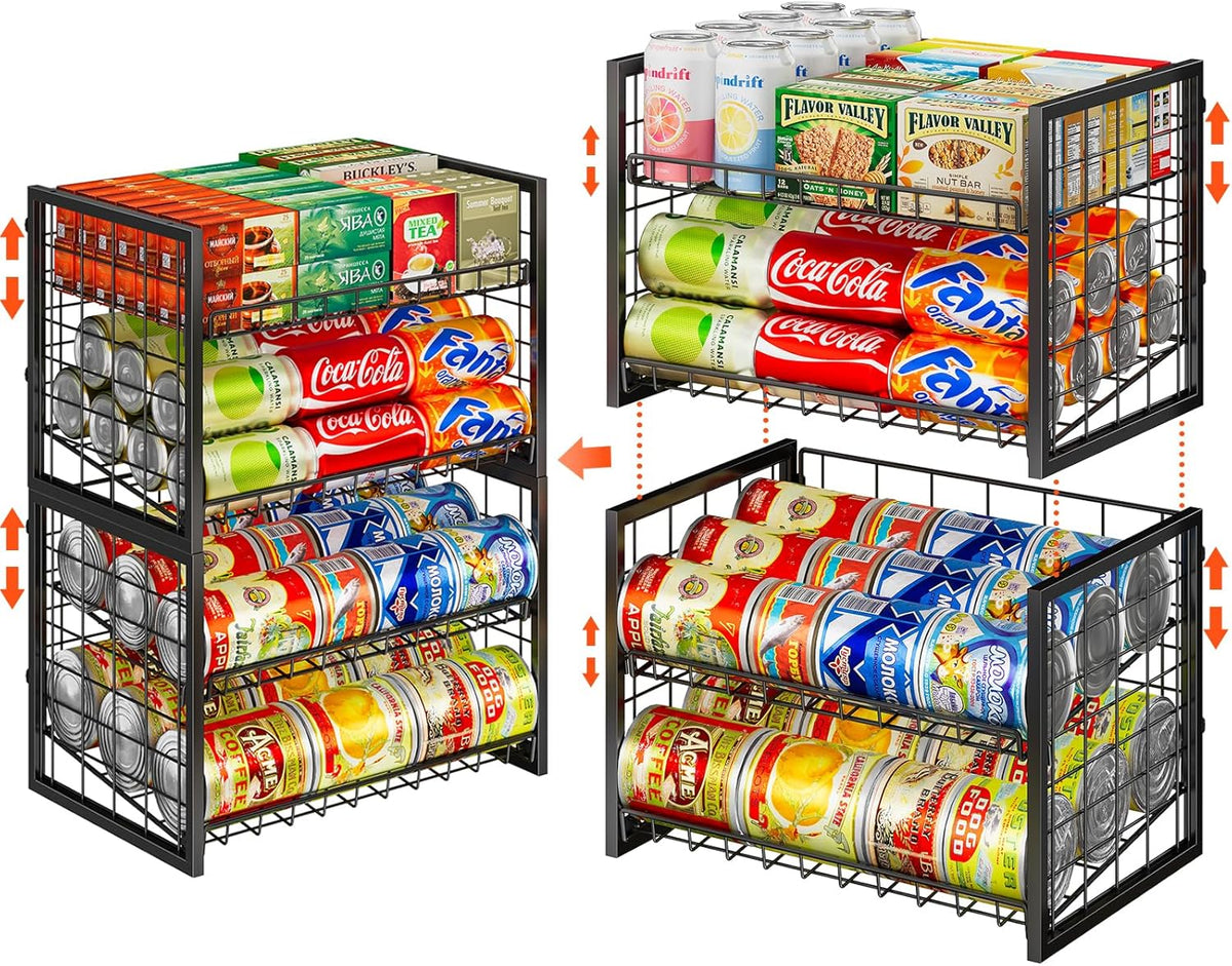 Stackable Can Rack Organizer for Pantry, 2-Tier Sturdy Adjustable Pantry Can Storage Organizer for Canned Food Can Goods, Kitchen Can Dispenser Holder for Soda Drinks Snack, Black