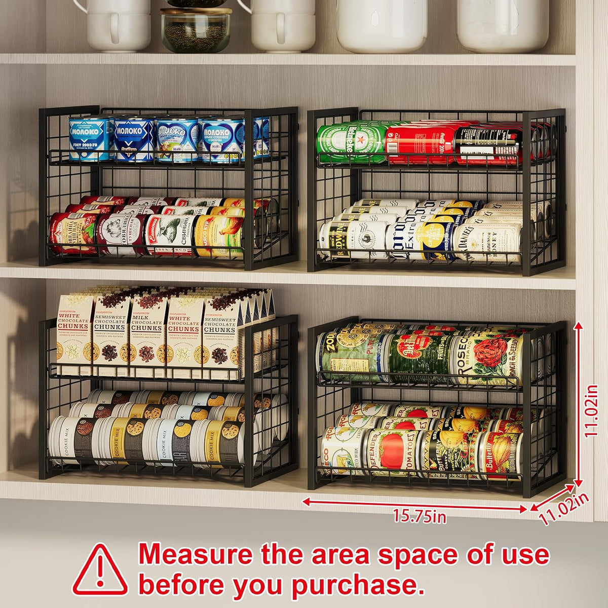 Stackable Can Rack Organizer for Pantry, 2-Tier Sturdy Adjustable Pantry Can Storage Organizer for Canned Food Can Goods, Kitchen Can Dispenser Holder for Soda Drinks Snack, Black