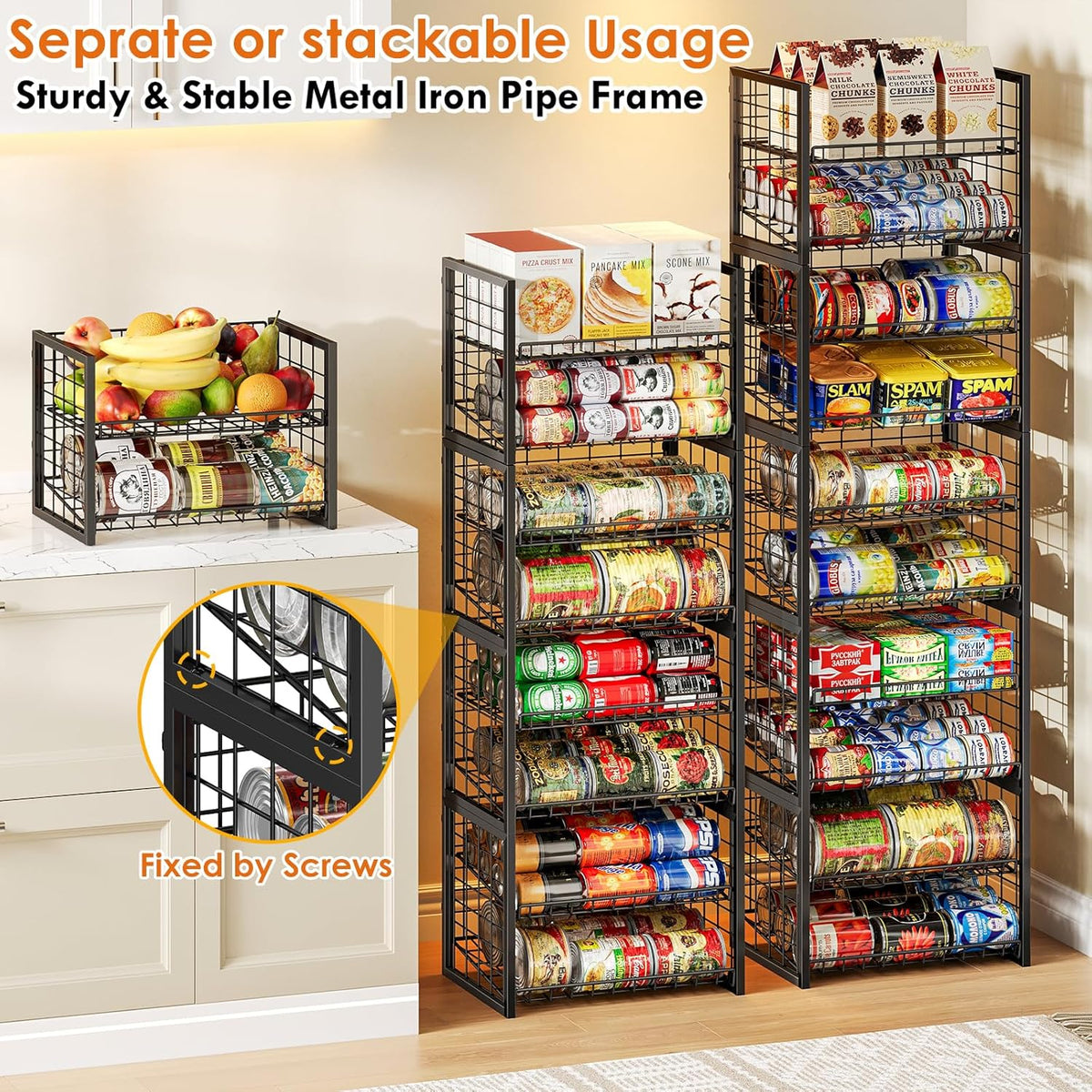 Stackable Can Rack Organizer for Pantry, 2-Tier Sturdy Adjustable Pantry Can Storage Organizer for Canned Food Can Goods, Kitchen Can Dispenser Holder for Soda Drinks Snack, Black
