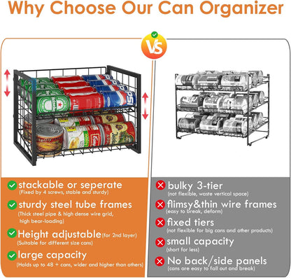 Stackable Can Rack Organizer for Pantry, 2-Tier Sturdy Adjustable Pantry Can Storage Organizer for Canned Food Can Goods, Kitchen Can Dispenser Holder for Soda Drinks Snack, Black