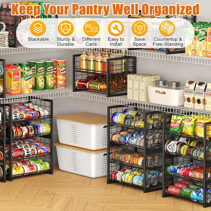 Stackable Can Rack Organizer for Pantry, 2-Tier Sturdy Adjustable Pantry Can Storage Organizer for Canned Food Can Goods, Kitchen Can Dispenser Holder for Soda Drinks Snack, Black