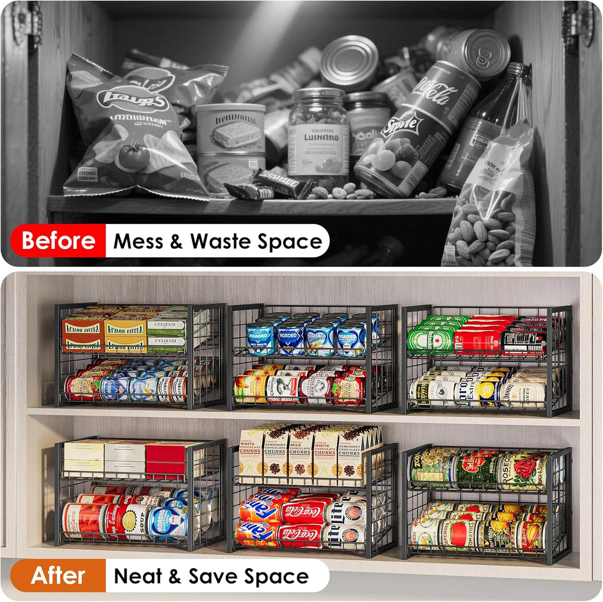 Stackable Can Rack Organizer for Pantry, 2-Tier Sturdy Adjustable Pantry Can Storage Organizer for Canned Food Can Goods, Kitchen Can Dispenser Holder for Soda Drinks Snack, Black