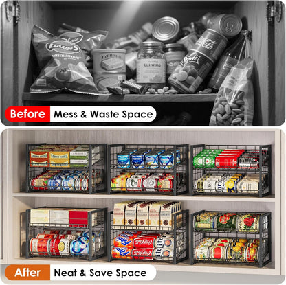 Stackable Can Rack Organizer for Pantry, 2-Tier Sturdy Adjustable Pantry Can Storage Organizer for Canned Food Can Goods, Kitchen Can Dispenser Holder for Soda Drinks Snack, Black
