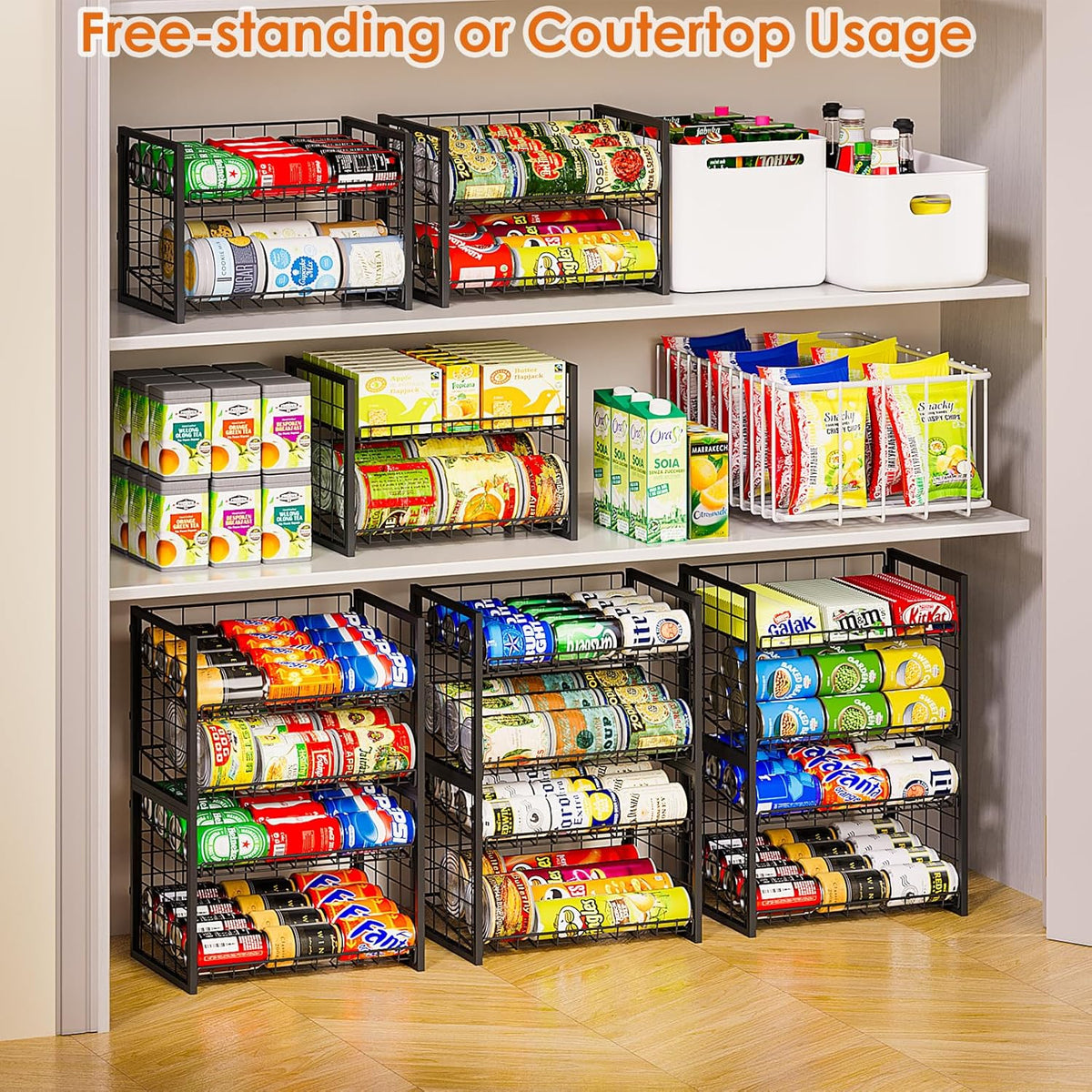 Stackable Can Rack Organizer for Pantry, 2-Tier Sturdy Adjustable Pantry Can Storage Organizer for Canned Food Can Goods, Kitchen Can Dispenser Holder for Soda Drinks Snack, Black