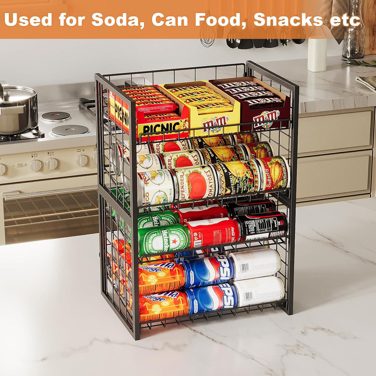 Stackable Can Rack Organizer for Pantry, 2-Tier Sturdy Adjustable Pantry Can Storage Organizer for Canned Food Can Goods, Kitchen Can Dispenser Holder for Soda Drinks Snack, Black