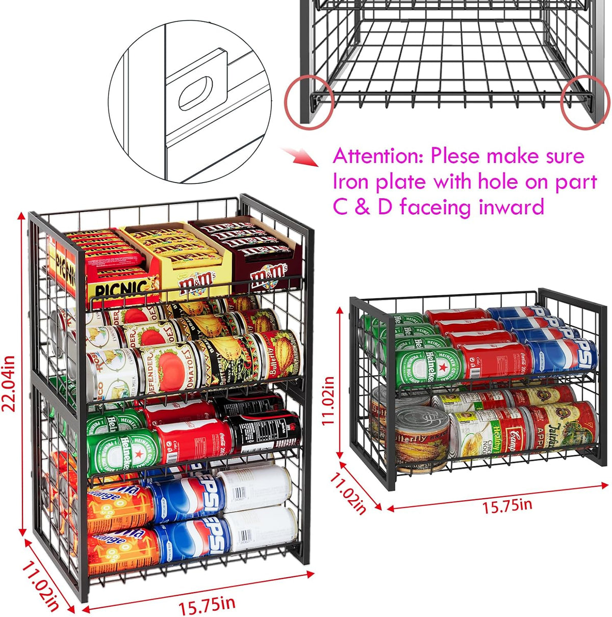 Stackable Can Rack Organizer for Pantry, 2-Tier Sturdy Adjustable Pantry Can Storage Organizer for Canned Food Can Goods, Kitchen Can Dispenser Holder for Soda Drinks Snack, Black
