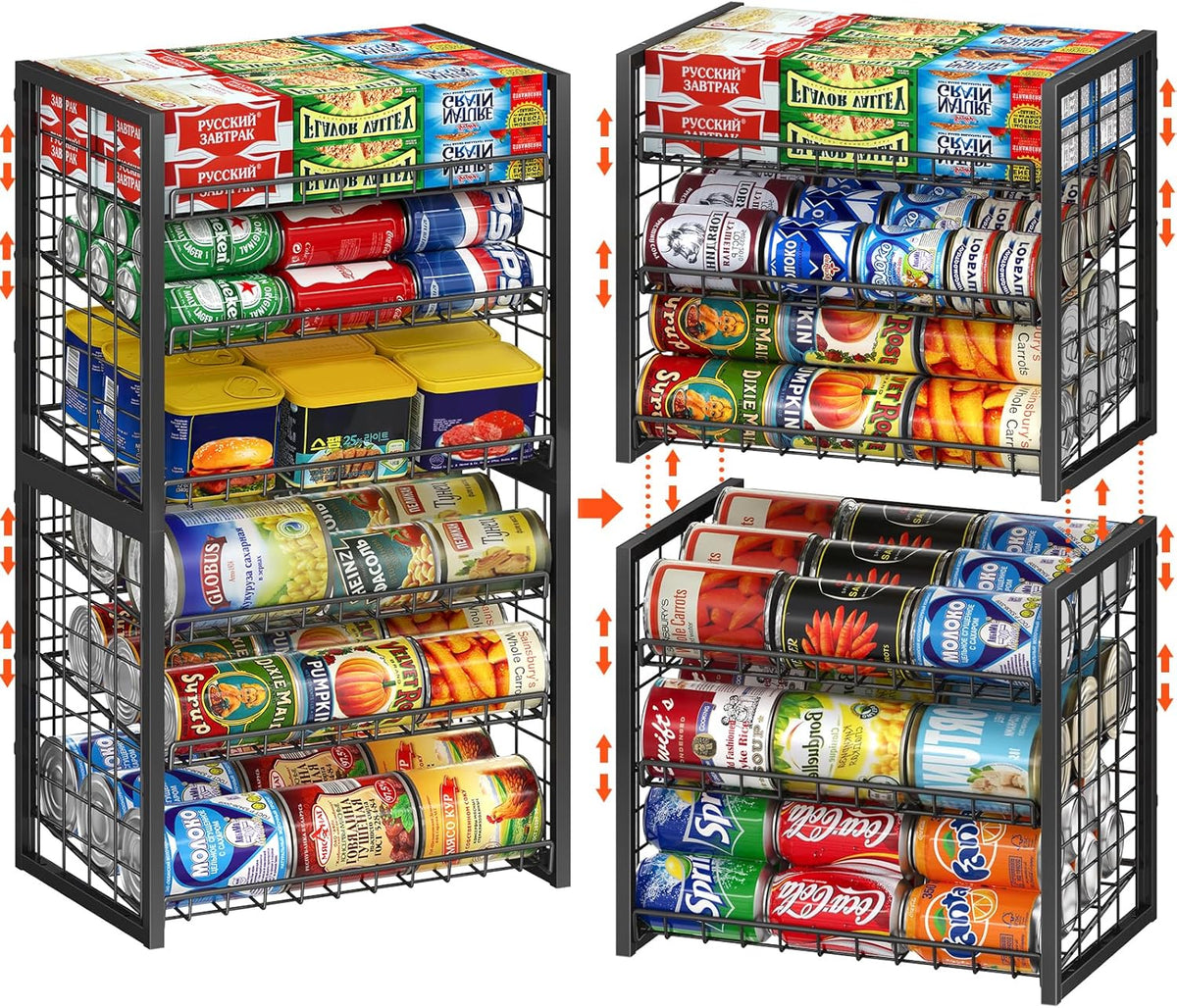 Stackable Can Rack Organizer for Pantry, 2-Tier Sturdy Adjustable Pantry Can Storage Organizer for Canned Food Can Goods, Kitchen Can Dispenser Holder for Soda Drinks Snack, Black