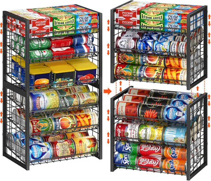 Stackable Can Rack Organizer for Pantry, 2-Tier Sturdy Adjustable Pantry Can Storage Organizer for Canned Food Can Goods, Kitchen Can Dispenser Holder for Soda Drinks Snack, Black