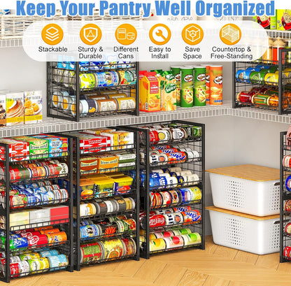Stackable Can Rack Organizer for Pantry, 2-Tier Sturdy Adjustable Pantry Can Storage Organizer for Canned Food Can Goods, Kitchen Can Dispenser Holder for Soda Drinks Snack, Black