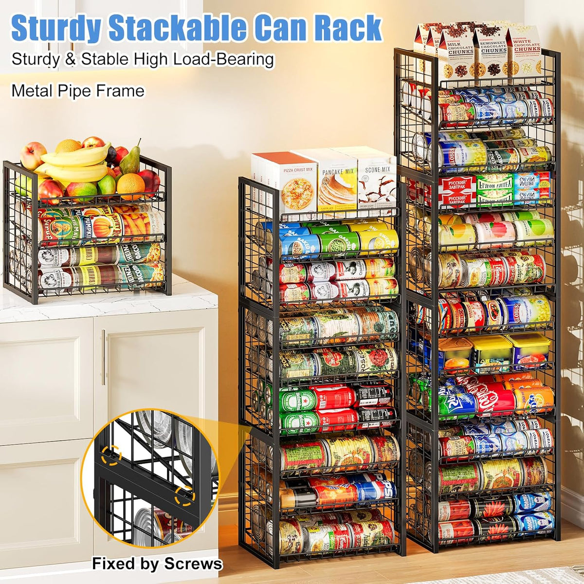 Stackable Can Rack Organizer for Pantry, 2-Tier Sturdy Adjustable Pantry Can Storage Organizer for Canned Food Can Goods, Kitchen Can Dispenser Holder for Soda Drinks Snack, Black