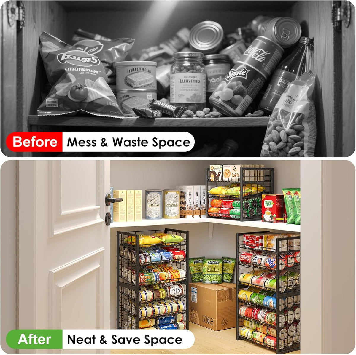 Stackable Can Rack Organizer for Pantry, 2-Tier Sturdy Adjustable Pantry Can Storage Organizer for Canned Food Can Goods, Kitchen Can Dispenser Holder for Soda Drinks Snack, Black