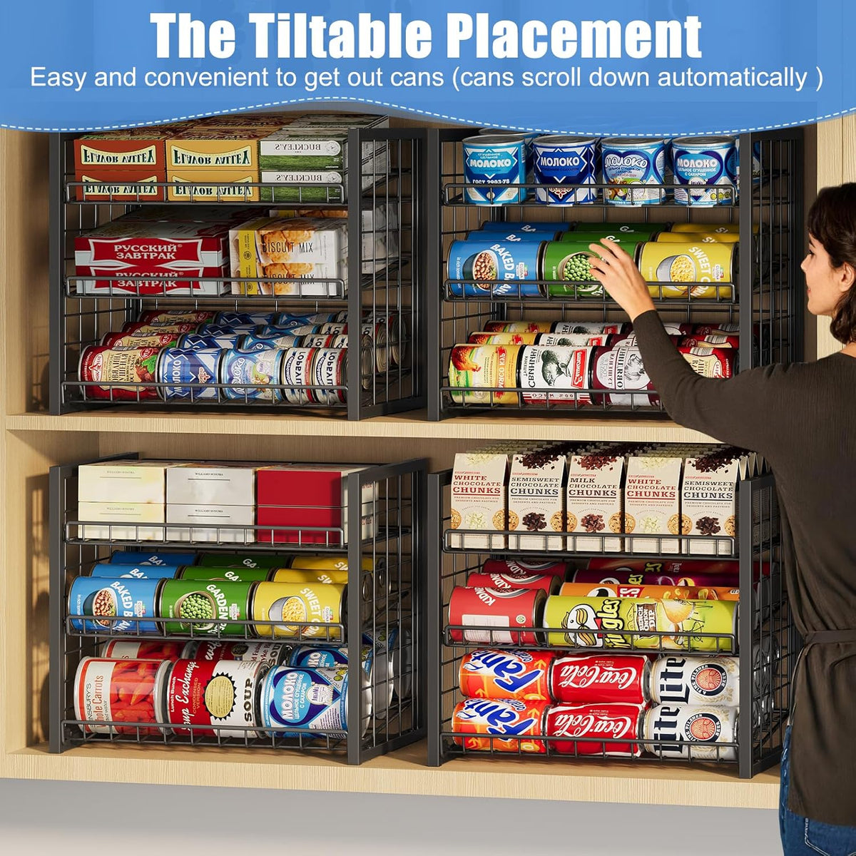 Stackable Can Rack Organizer for Pantry, 2-Tier Sturdy Adjustable Pantry Can Storage Organizer for Canned Food Can Goods, Kitchen Can Dispenser Holder for Soda Drinks Snack, Black