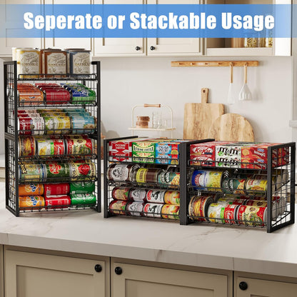 Stackable Can Rack Organizer for Pantry, 2-Tier Sturdy Adjustable Pantry Can Storage Organizer for Canned Food Can Goods, Kitchen Can Dispenser Holder for Soda Drinks Snack, Black