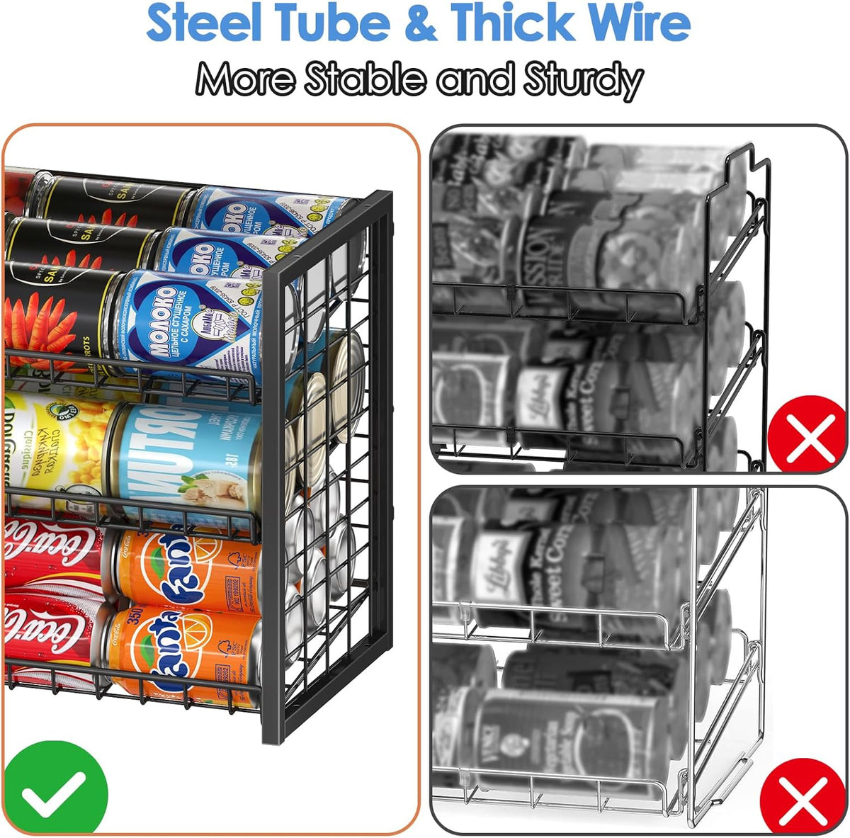 Stackable Can Rack Organizer for Pantry, 2-Tier Sturdy Adjustable Pantry Can Storage Organizer for Canned Food Can Goods, Kitchen Can Dispenser Holder for Soda Drinks Snack, Black