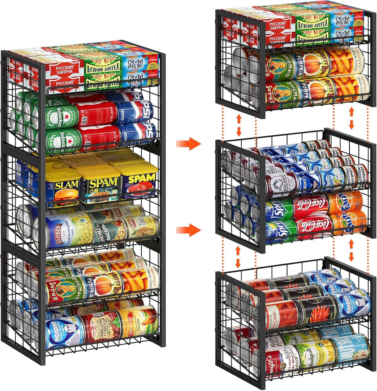 Stackable Can Rack Organizer for Pantry, 2-Tier Sturdy Adjustable Pantry Can Storage Organizer for Canned Food Can Goods, Kitchen Can Dispenser Holder for Soda Drinks Snack, Black