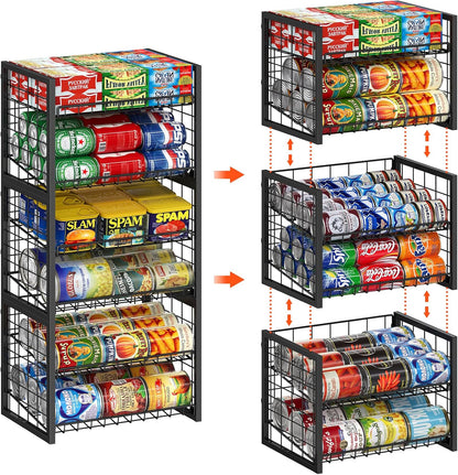 Stackable Can Rack Organizer for Pantry, 2-Tier Sturdy Adjustable Pantry Can Storage Organizer for Canned Food Can Goods, Kitchen Can Dispenser Holder for Soda Drinks Snack, Black