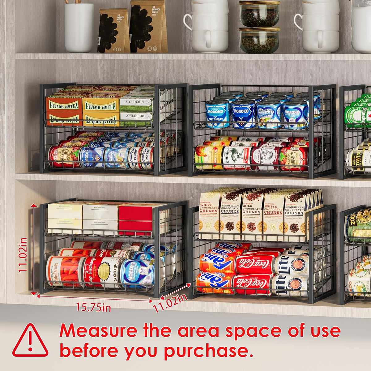 Stackable Can Rack Organizer for Pantry, 2-Tier Sturdy Adjustable Pantry Can Storage Organizer for Canned Food Can Goods, Kitchen Can Dispenser Holder for Soda Drinks Snack, Black