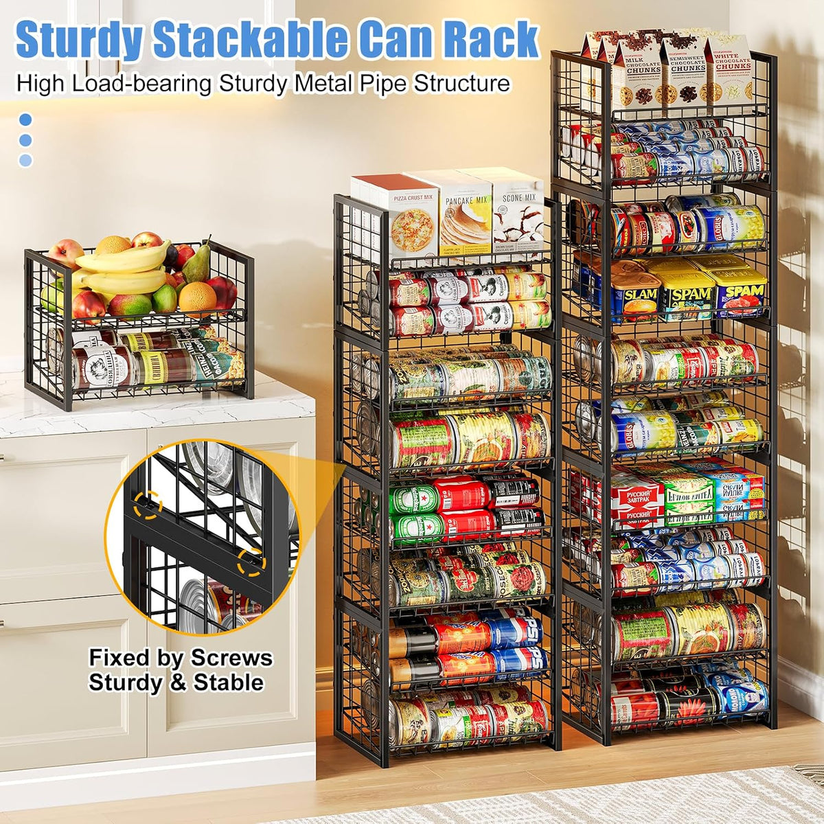 Stackable Can Rack Organizer for Pantry, 2-Tier Sturdy Adjustable Pantry Can Storage Organizer for Canned Food Can Goods, Kitchen Can Dispenser Holder for Soda Drinks Snack, Black