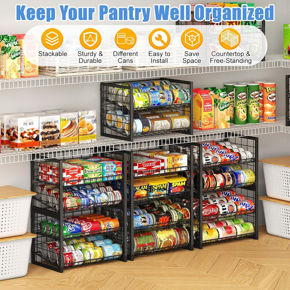 Stackable Can Rack Organizer for Pantry, 2-Tier Sturdy Adjustable Pantry Can Storage Organizer for Canned Food Can Goods, Kitchen Can Dispenser Holder for Soda Drinks Snack, Black