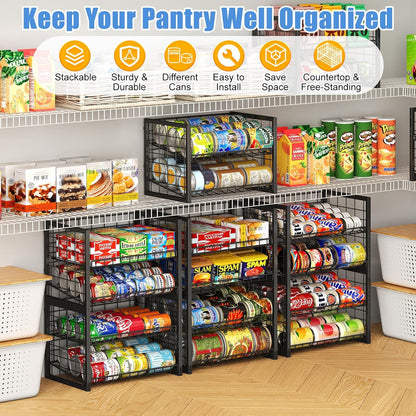 Stackable Can Rack Organizer for Pantry, 2-Tier Sturdy Adjustable Pantry Can Storage Organizer for Canned Food Can Goods, Kitchen Can Dispenser Holder for Soda Drinks Snack, Black
