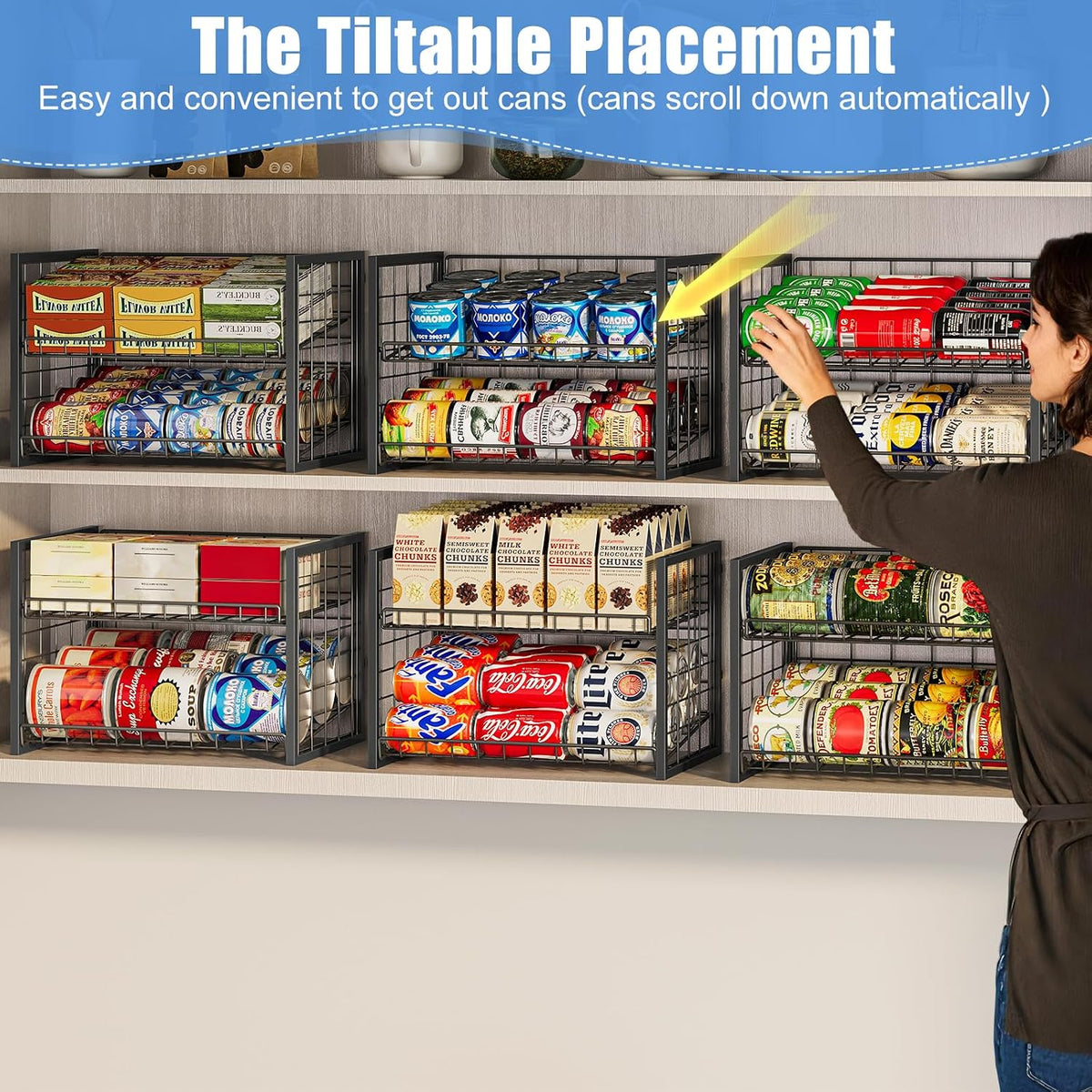 Stackable Can Rack Organizer for Pantry, 2-Tier Sturdy Adjustable Pantry Can Storage Organizer for Canned Food Can Goods, Kitchen Can Dispenser Holder for Soda Drinks Snack, Black