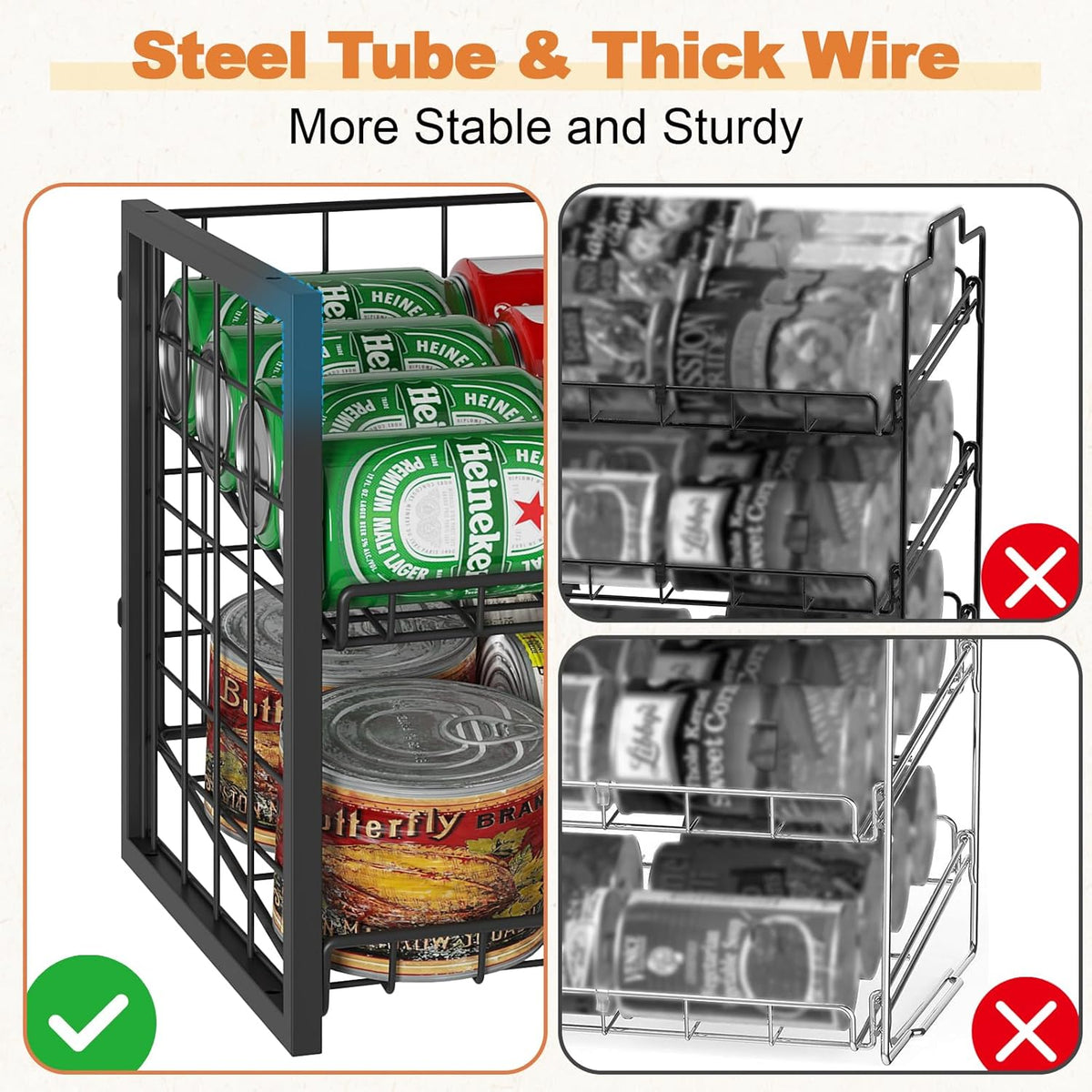 Stackable Can Rack Organizer for Pantry, 2-Tier Sturdy Adjustable Pantry Can Storage Organizer for Canned Food Can Goods, Kitchen Can Dispenser Holder for Soda Drinks Snack, Black