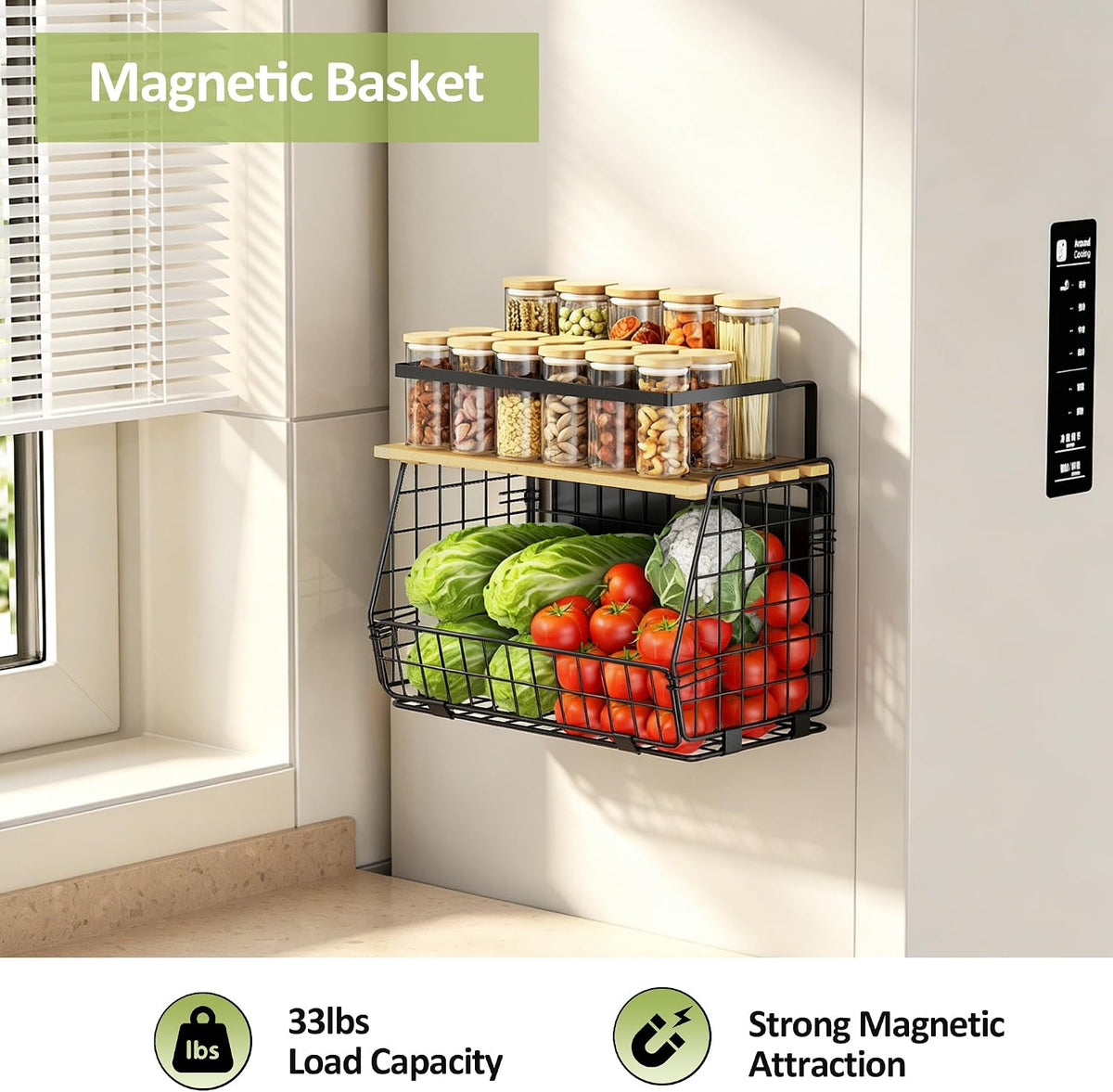 Magnetic Shelf for Fridge: Fruit Potato and Onion Storage Bin - Magnetic Spice Rack for Refrigerator & Kitchen Counter - Pantry Organizers and Storage
