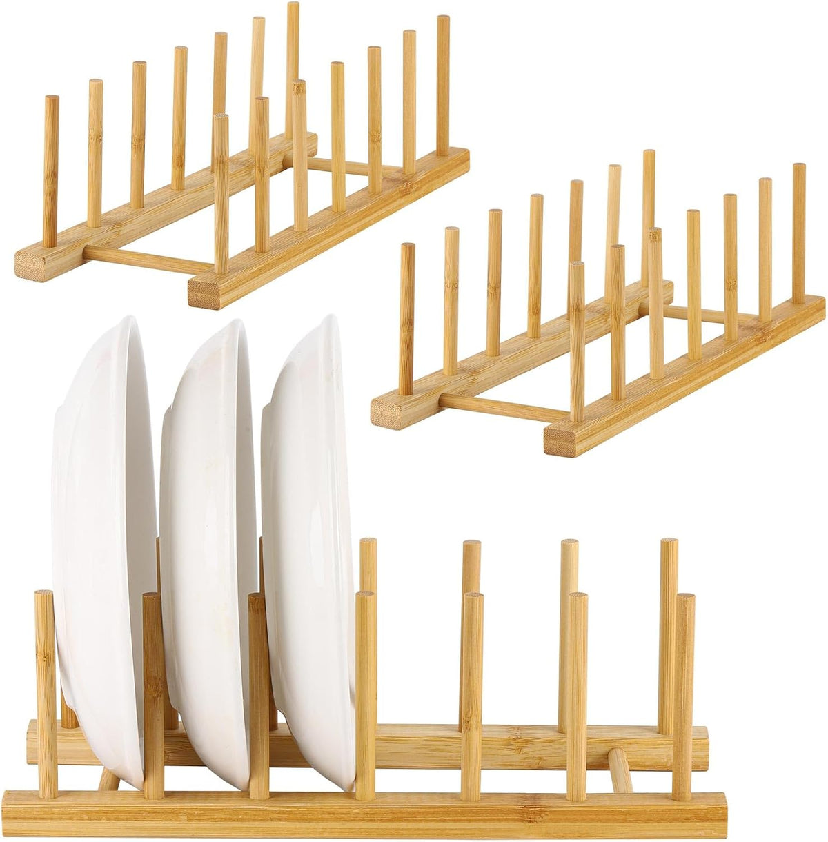 3 Pack Bamboo Wooden Dish Racks Plate Stand Holder Vertical Drainer Kitchen Cabinet Organizer for Dish, Pots, Lids, Bowls, Cups, and Cutting Boards and Books