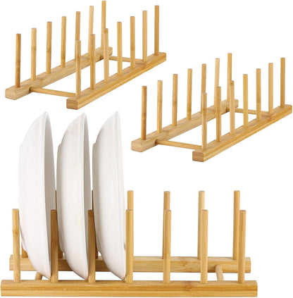 3 Pack Bamboo Wooden Dish Racks Plate Stand Holder Vertical Drainer Kitchen Cabinet Organizer for Dish, Pots, Lids, Bowls, Cups, and Cutting Boards and Books