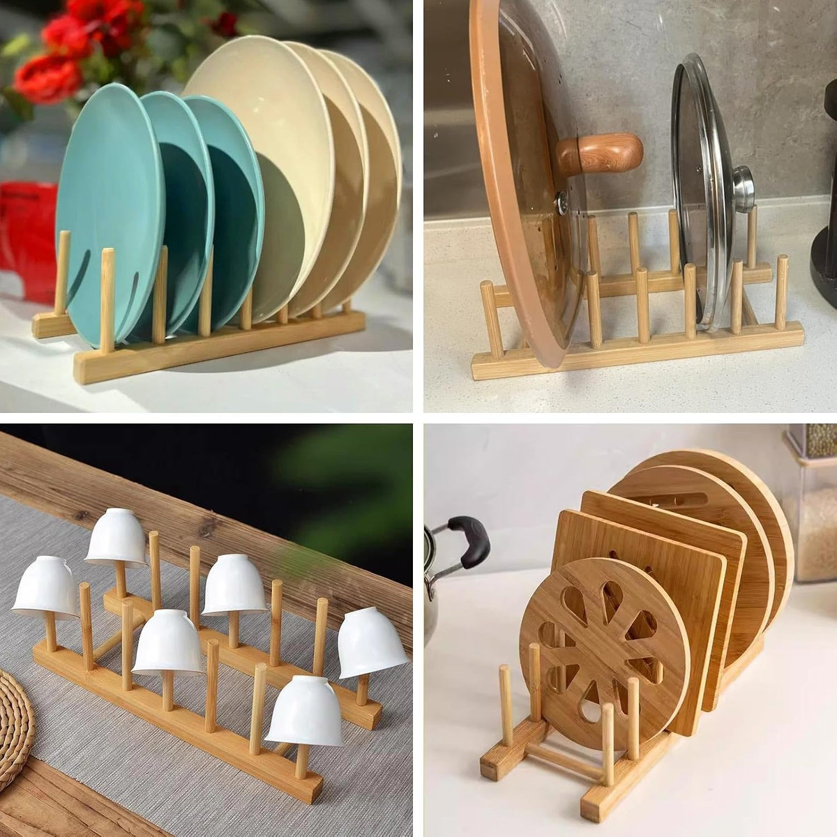 3 Pack Bamboo Wooden Dish Racks Plate Stand Holder Vertical Drainer Kitchen Cabinet Organizer for Dish, Pots, Lids, Bowls, Cups, and Cutting Boards and Books