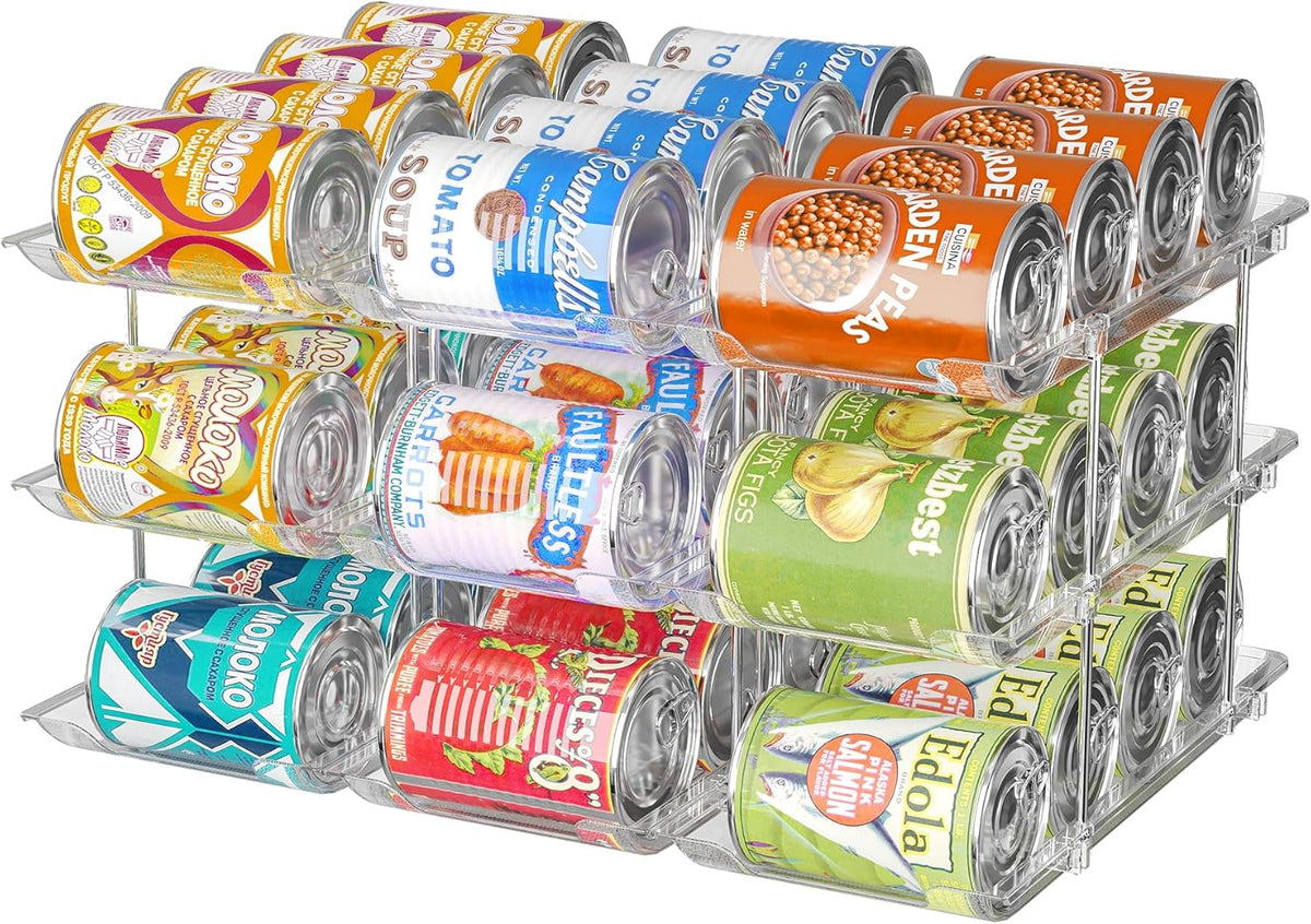 Can Organizer for Pantry, 3 Tier Rolling Can Storage Organizer Pantry | Automatic Rolling, Holds 36 Cans, Combinable Canned Food Organizer, Clear Soda Can Organizer, Fits Cabinets, Pantry & Fridge