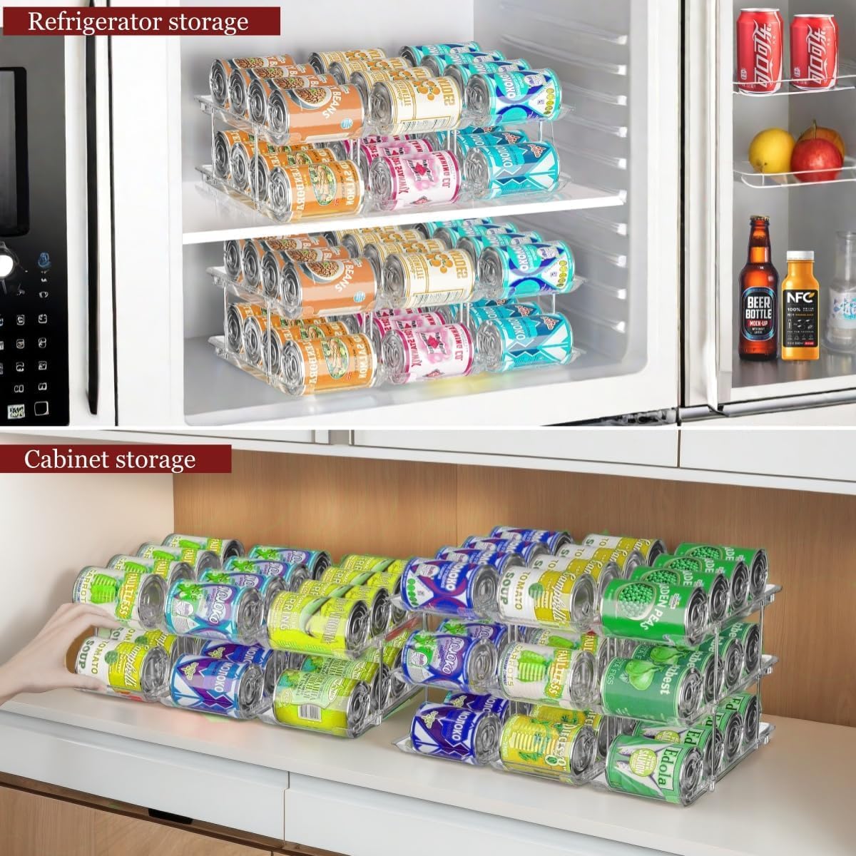 Can Organizer for Pantry, 3 Tier Rolling Can Storage Organizer Pantry | Automatic Rolling, Holds 36 Cans, Combinable Canned Food Organizer, Clear Soda Can Organizer, Fits Cabinets, Pantry & Fridge