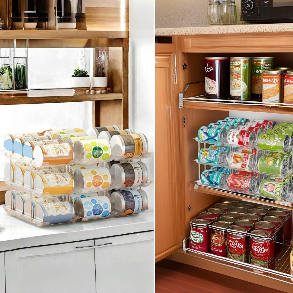 Can Organizer for Pantry, 3 Tier Rolling Can Storage Organizer Pantry | Automatic Rolling, Holds 36 Cans, Combinable Canned Food Organizer, Clear Soda Can Organizer, Fits Cabinets, Pantry & Fridge