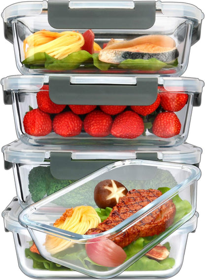 5 Pack 36 oz Glass Food Storage Containers with Lids,4.5 Cups,Gray
