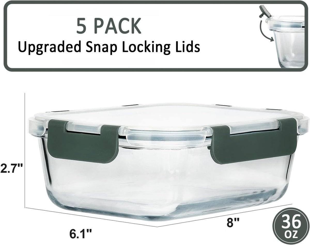 5 Pack 36 oz Glass Food Storage Containers with Lids,4.5 Cups,Gray