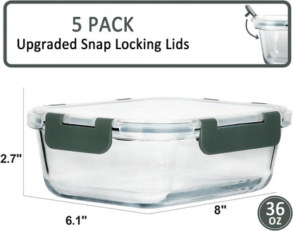 5 Pack 36 oz Glass Food Storage Containers with Lids,4.5 Cups,Gray