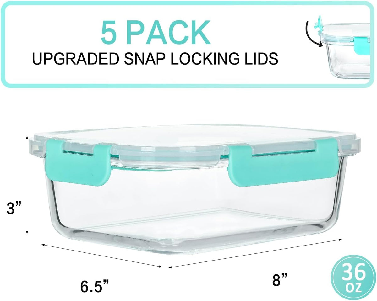 5 Pack 36 oz Glass Food Storage Containers with Lids,4.5 Cups,Gray