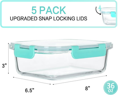 5 Pack 36 oz Glass Food Storage Containers with Lids,4.5 Cups,Gray