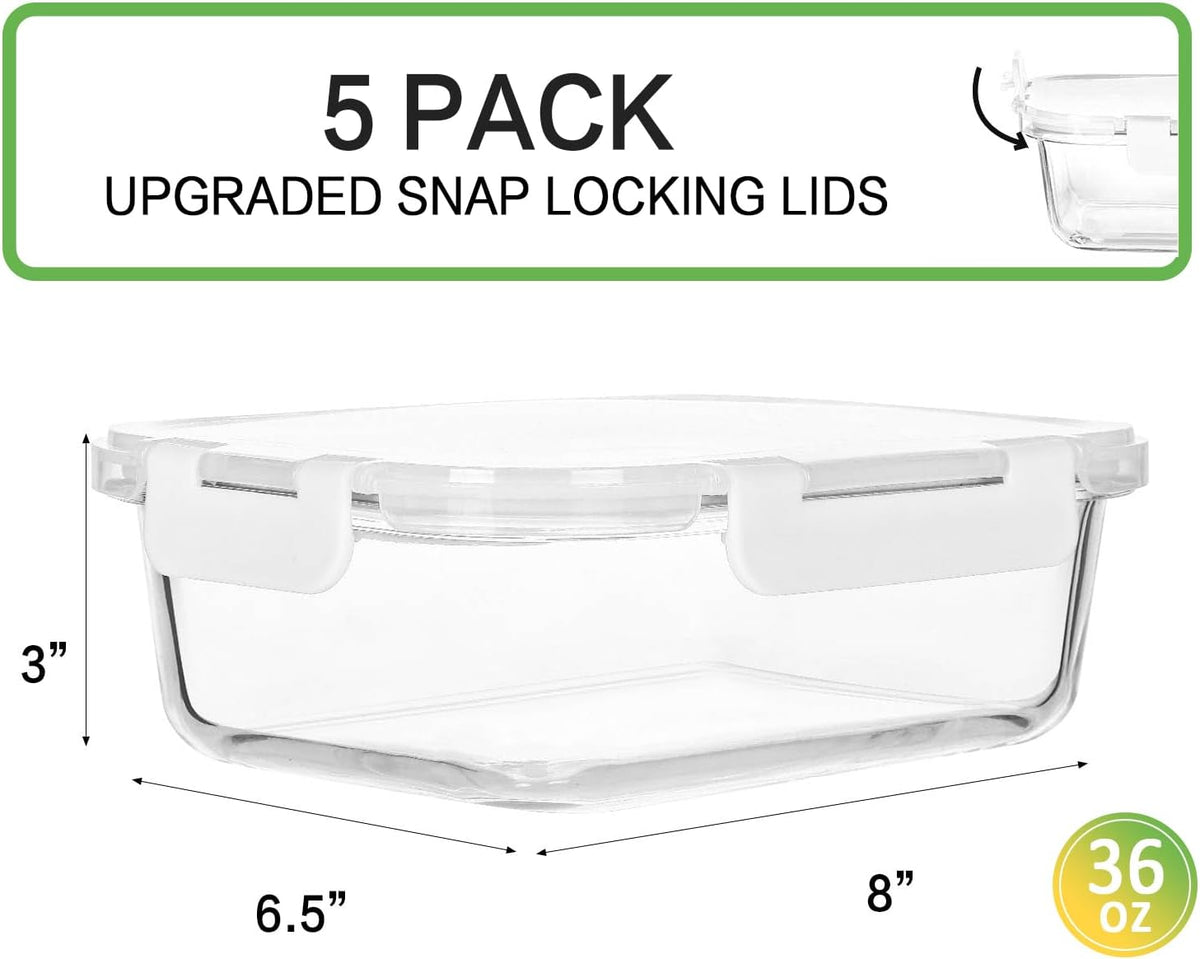 5 Pack 36 oz Glass Food Storage Containers with Lids,4.5 Cups,Gray